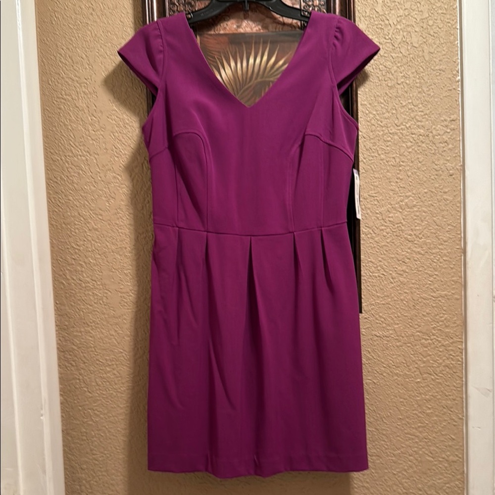 NWT Worthington Purple Pleated Sheath Dress with Cap Sleeves. Bronze Gold zipper